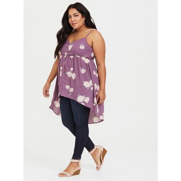 402. Torrid Purple Floral Georgette Babydoll button detail tunic size 2 (2x) - Picture 1 of 12